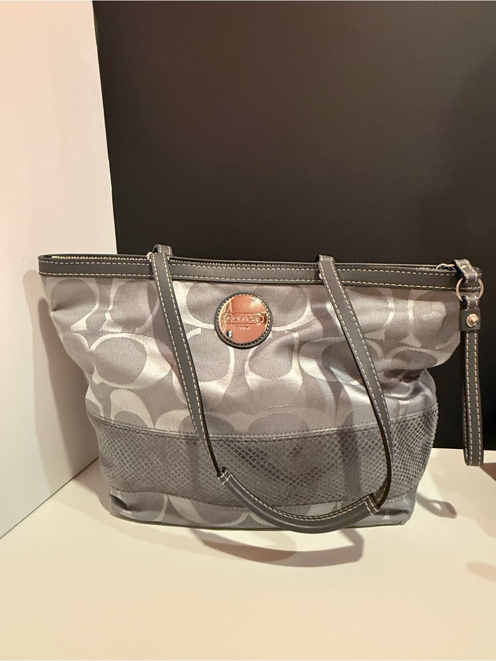 Coach Gray Signature "C" Jacquard Tote Bag with Textured Trim